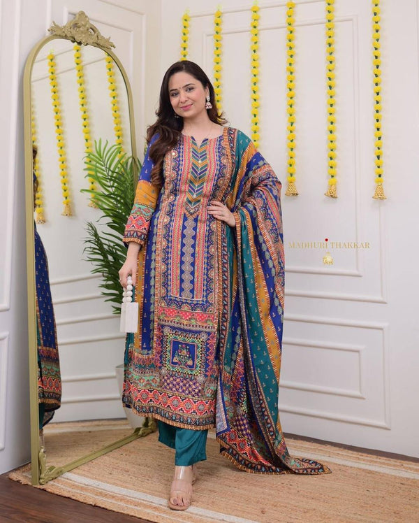 Multicolored Prints with Embellished Work &amp; Dupatta  3-Piece Suit Set